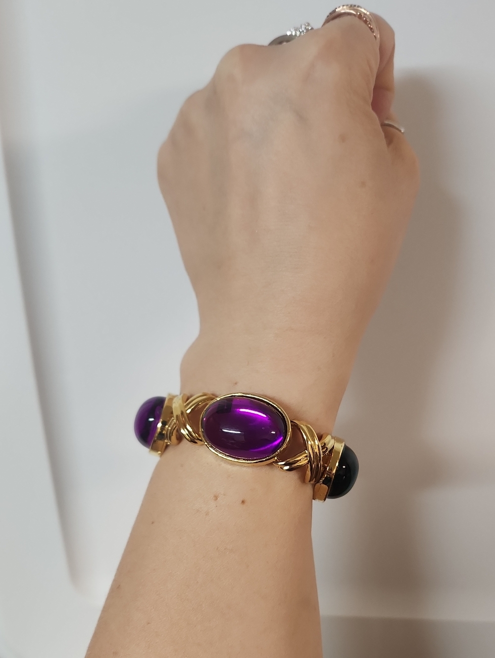 Gold Bracelet with Purple And Grern Cabochon Stones